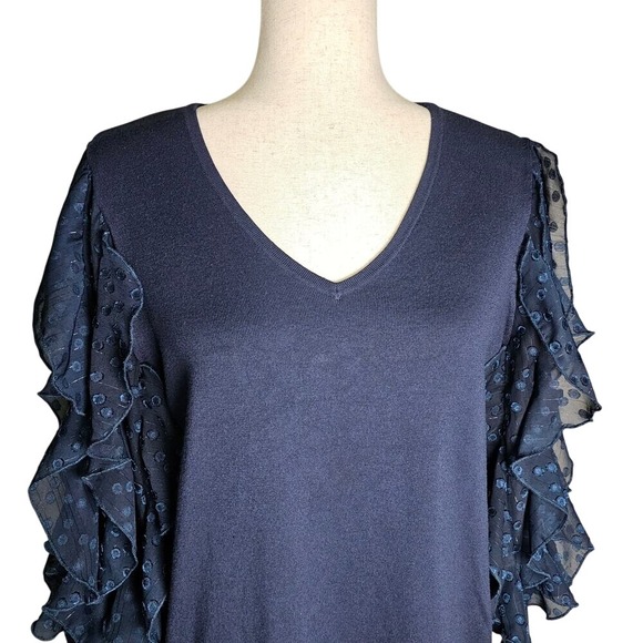 Navy Blue Whimsy Goth Ruffle Statement Sleeve with Swiss Dot Top L - Picture 2 of 10